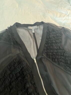 Sachin + Babi Black Sheer Ruffle Zip-Front Bomber